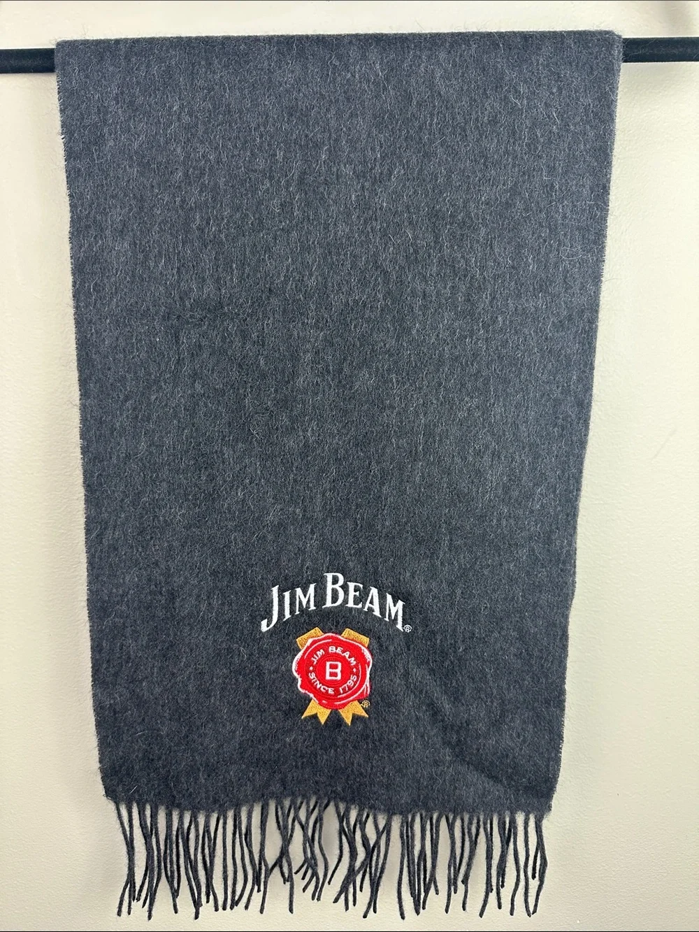 Vintage Jim Beam Charcoal Gray Embroidered 100% Wool Fringed Winter Scarf NEW!